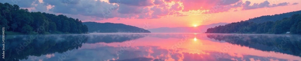 Fototapeta premium Textured watercolor effect added to a peaceful lake at dusk, lake, soft focus, watercolor texture