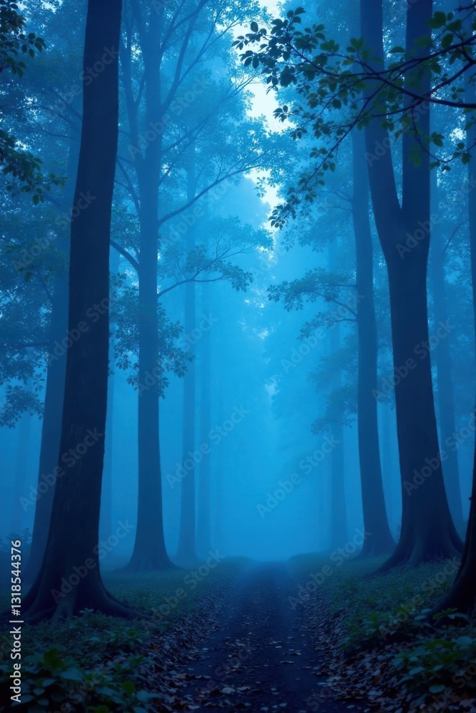 Naklejka premium Misty Forest Scene with Blue Tree Silhouettes, forest atmosphere, wilderness, green foliage