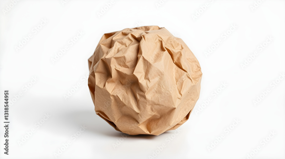 Crumpled brown paper ball on white background representing complexity and recycling Crumpled brown paper ball on white background representing complexity and recycling