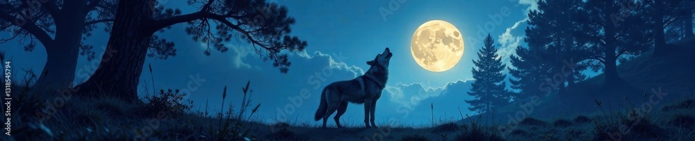 Moonlit forest landscape with a lone wolf howling at the full moon, full moon, lunar cycle, wildlife photography Moonlit forest landscape with a lone wolf howling at the full moon, full moon, lunar cycle, wildlife photography