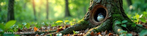 Tree trunk and roots with bird nesting, avian nest, tree hollow, nestling