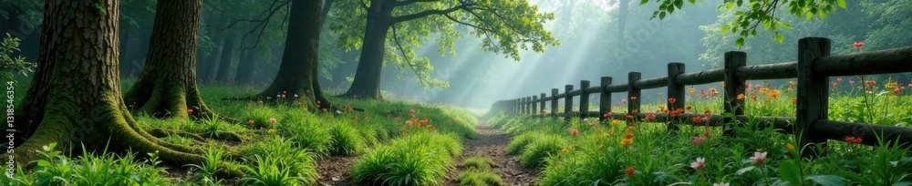 Moss-covered tree trunks with worn wooden fences and overgrown wildflowers in a misty forest clearing, rural, fir trees, moss Moss-covered tree trunks with worn wooden fences and overgrown wildflowers in a misty forest clearing, rural, fir trees, moss
