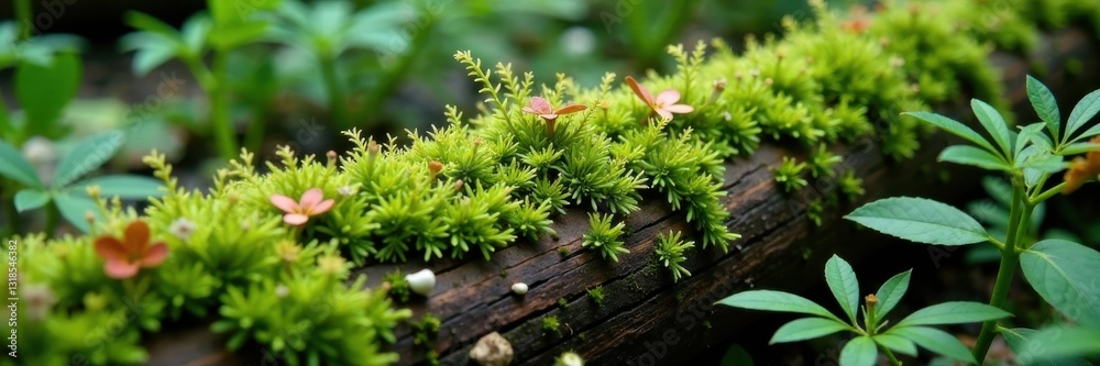 Moss-covered wooden log with damp, mossy ferns and wildflowers , wood, ferns, damp Moss-covered wooden log with damp, mossy ferns and wildflowers , wood, ferns, damp