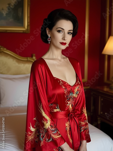 Red silk nightgown European noblewoman, Phoenix embroidery show luxury, luxury and elegant style, noble and warm, 3d illustration