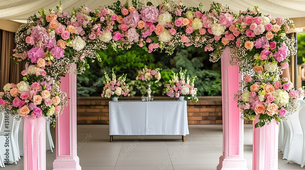 Naklejka premium Pink floral wedding arch with table.