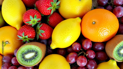 Fresh fruits including strawberries, lemons, oranges, grapes, and a kiwi, showcasing vibrant colors Generated by AI