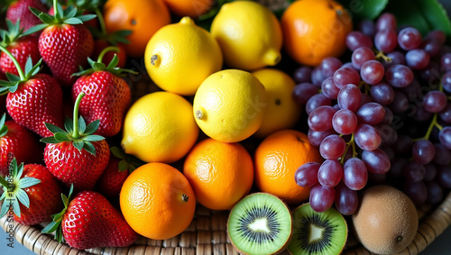 Fresh fruits including strawberries, lemons, oranges, grapes, and a kiwi, showcasing vibrant colors Generated by AI