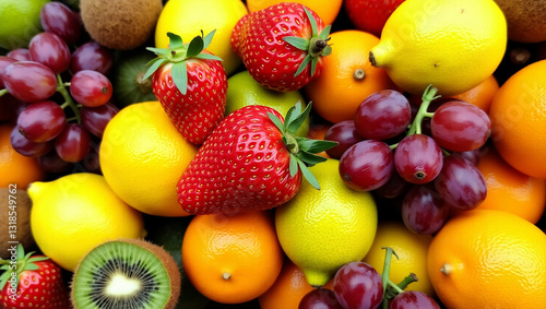 Fresh fruits including strawberries, lemons, oranges, grapes, and a kiwi, showcasing vibrant colors Generated by AI