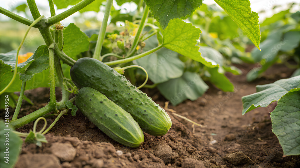 Obraz premium Close-up of ripe, green cucumbers growing on a vine in rich soil, highlighting organic farming, natural produce, and sustainable agriculture.