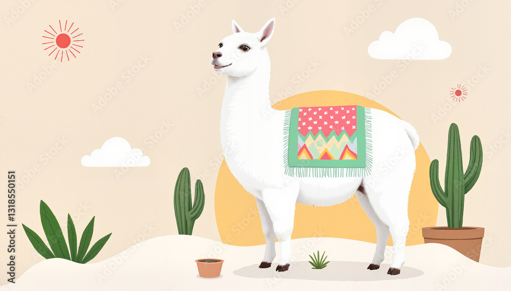 Obraz premium Charming hand-drawn fluffy llama illustration with a colorful blanket in a minimalist style