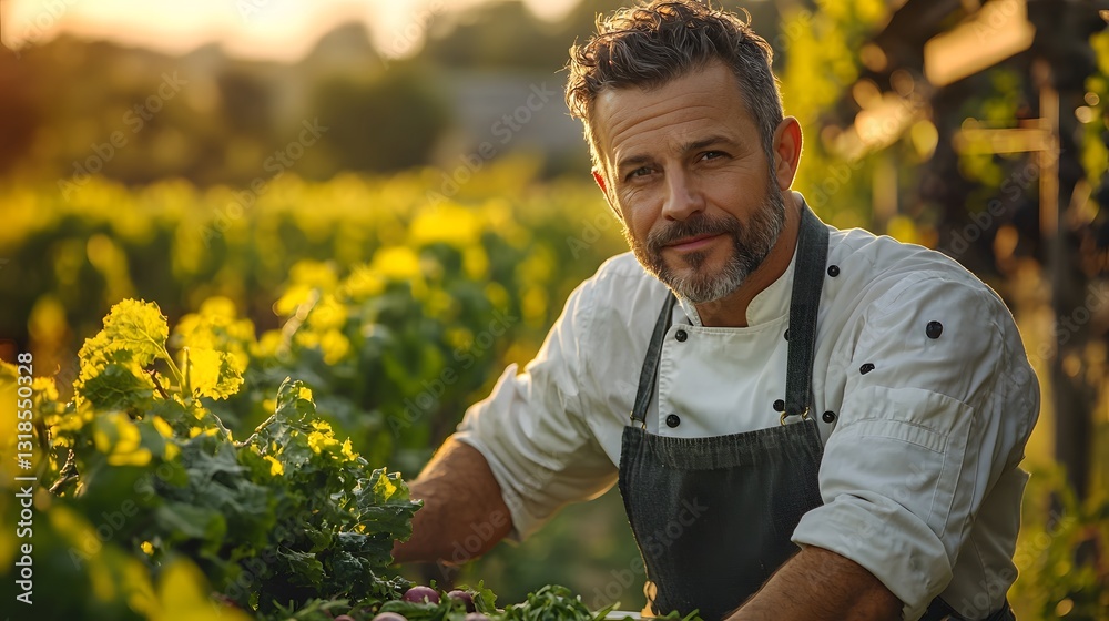 Fototapeta premium Passionate Chef in Glowing Vineyard Preparing Farm to Table Meal with Local Produce