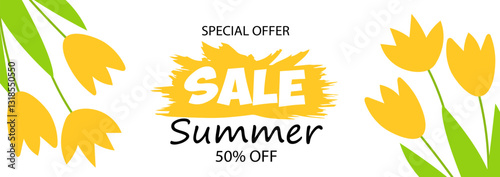 Summer sale special offer banner. Summer season background with lettering and summer yellow flowers for business, seasonal shopping, promotion and advertising. Vector illustration
