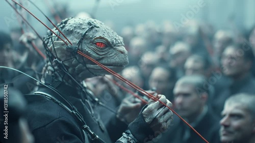 Reptilian creature with red eyes pulling strings in dark atmosphere, blurred figures in background. Lizard-like monster controlling puppet wires. Conspiracy theory. halloween content. Horizontal video