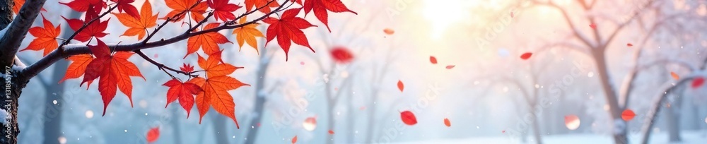 Delicate maple leaves scattered on a snowy background, winter, leaves, tree Delicate maple leaves scattered on a snowy background, winter, leaves, tree