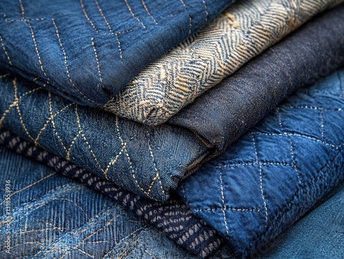 Raw Denim Fabric Texture with Natural Indigo Dye Variations and Stitching Detail Accents