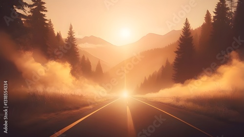 Golden Horizon: A Road to Infinity at Sunrise