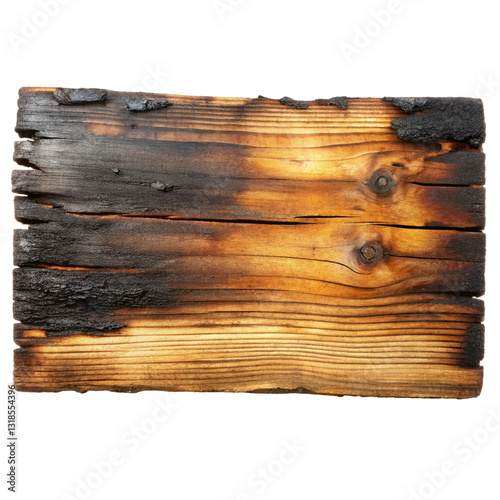 Burnt Wooden Plank Isolated on White Background
