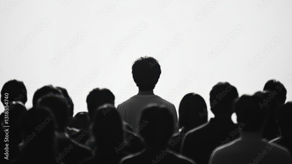 Obraz premium Colorful silhouette pf person standing in monochrome crowd of different people,surreal unique and different concept,loneliness in society,shadow,freedom,Love,be yourself,Stand out from the crowd.