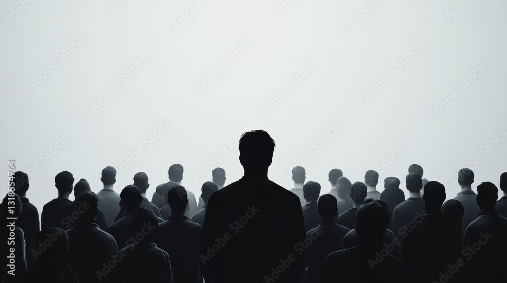 Obraz premium Colorful silhouette pf person standing in monochrome crowd of different people,surreal unique and different concept,loneliness in society,shadow,freedom,Love,be yourself,Stand out from the crowd.