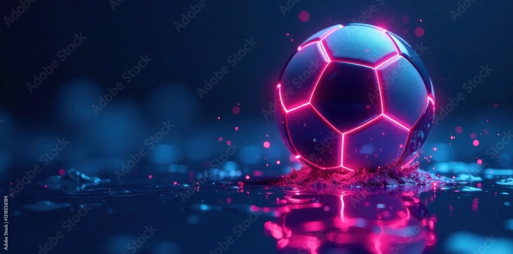Naklejka premium radiant neon colored soccer ball floating above a dark blue ocean, beach scene, neon soccer ball, abstract ball