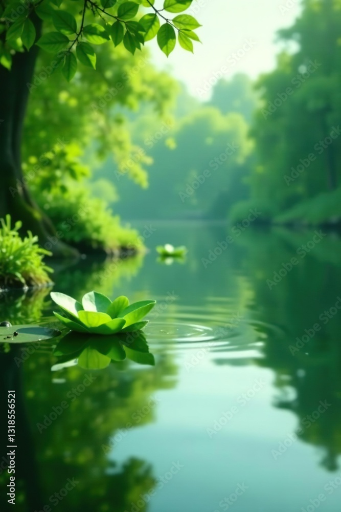 Falling green oval shapes with reflections on a calm pond or lake background, reflection, water, lake Falling green oval shapes with reflections on a calm pond or lake background, reflection, water, lake