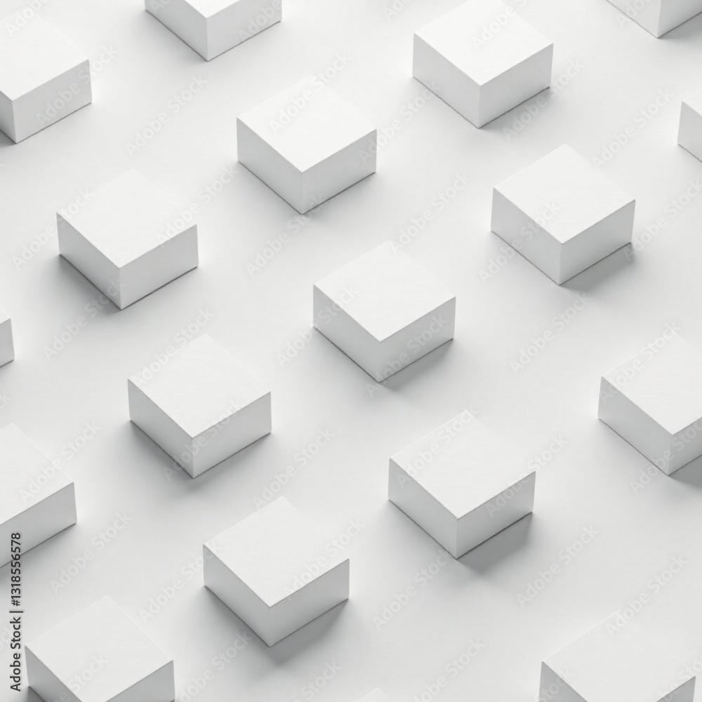 Randomly arranged white cube boxes on a plain white background, modern design element , geometric pattern, background, modern design