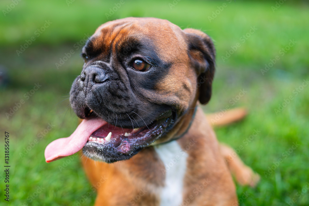 A medium-sized sturdy male purebred, fawn coloured, Boxer. Young Boxer Dog lying down in a garden. A young boxer takes a break and relaxes in a garden. A fawn coloured, purebred Boxer. A medium-sized sturdy male purebred, fawn coloured, Boxer. Young Boxer Dog lying down in a garden. A young boxer takes a break and relaxes in a garden. A fawn coloured, purebred Boxer.