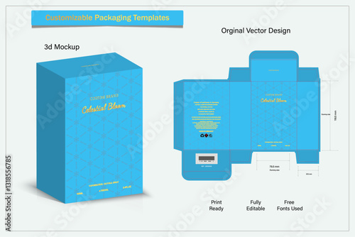 Packaging box design template layout with Box die line, 3d  Box Mockup, icon, frames and Design elements, 3d Illustration, Vector design Template.