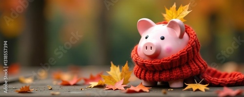 Knitted scarf wrapped piggy bank with falling autumn leaves, piggy bank, savings jar