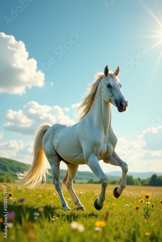 Regal white unicorn stallion prancing freely in an open meadow under sunny skies, outdoors, flowers, sky