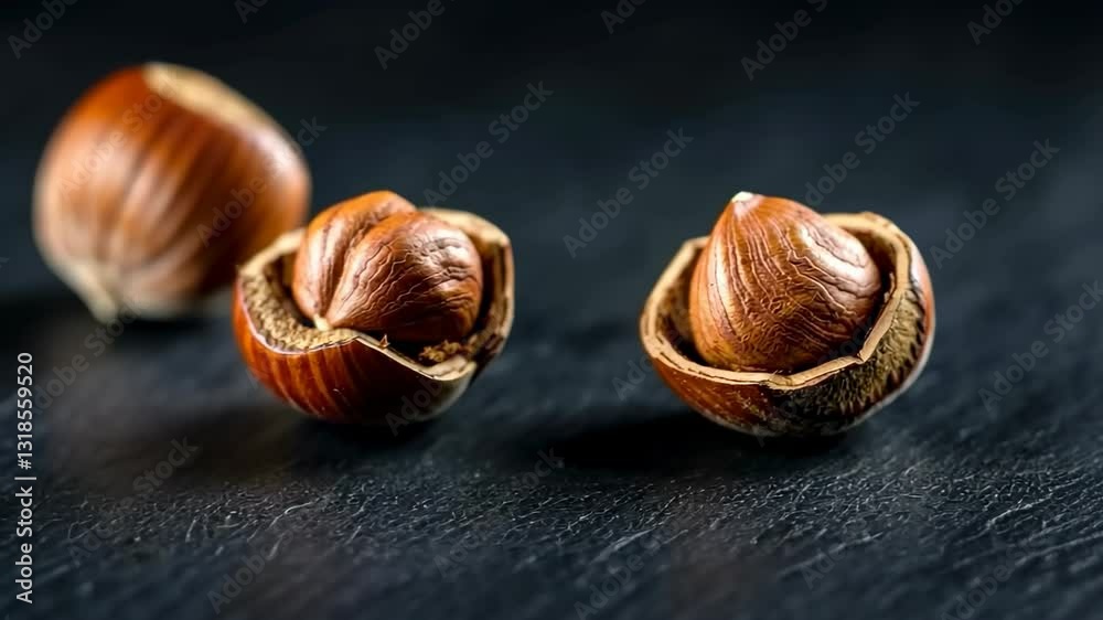 Hazelnuts rolling in slow motion on dark surface capturing smooth rotational movement Hazelnuts rolling in slow motion on dark surface capturing smooth rotational movement