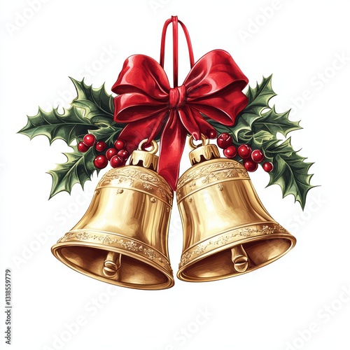 Golden bells with holly, bow, festive decor