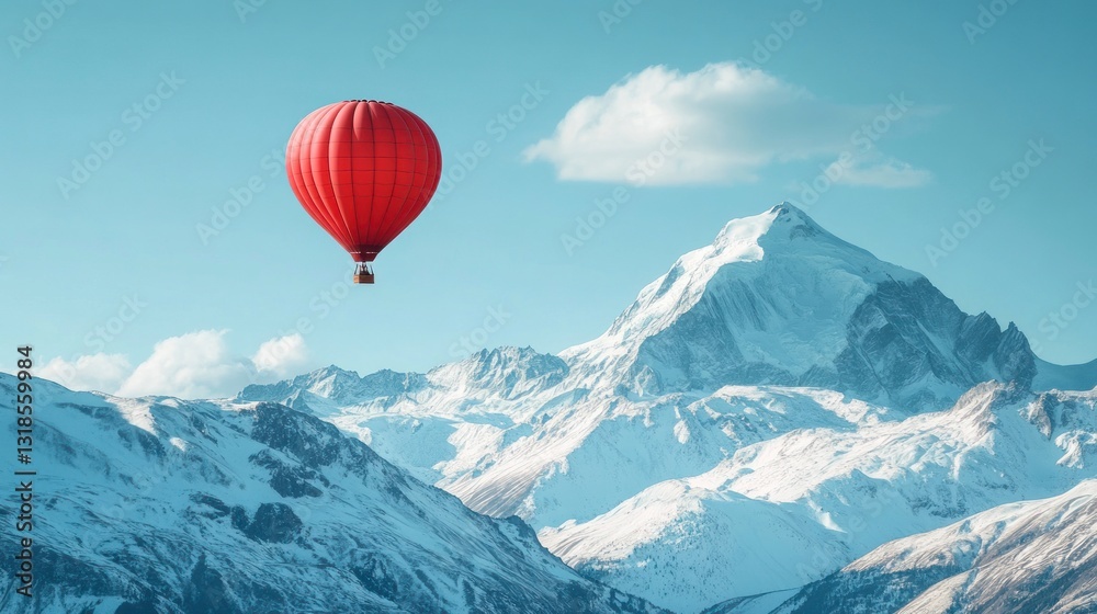 Fototapeta premium Red Hot Air Balloon Flying Over Snowy Mountain Range Landscape