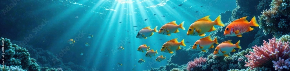 Naklejka premium School of colorful fish swimming in the ocean amidst waves, tropical fish, underwater scene, school