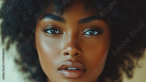 A young woman stands in a soft glow, highlighting her radiant skin and striking features