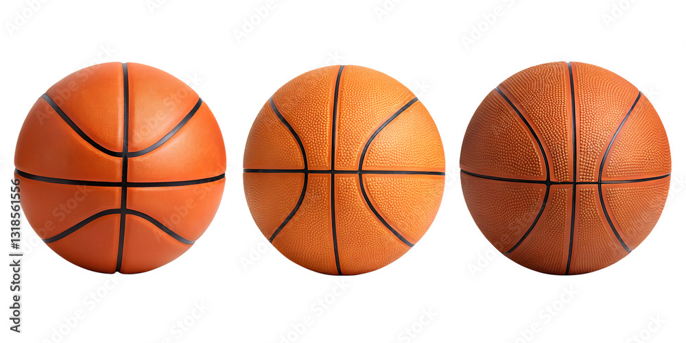 Obraz premium Three Different Style Orange Basketball on White, Classic Orange Basketball, Sports Equipment Display, Cut Out