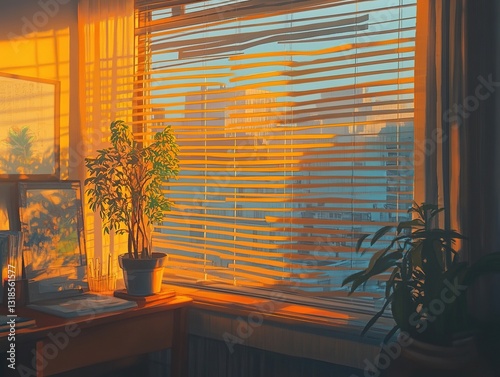 Sunrise Glow Through Window Blinds with Warm Amber Light and Shadow Stripes