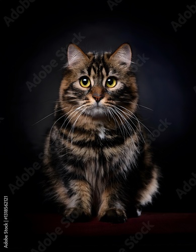 Fluffy Siberian Cat with Green Eyes on Black Background, High-Resolution Animal Photography