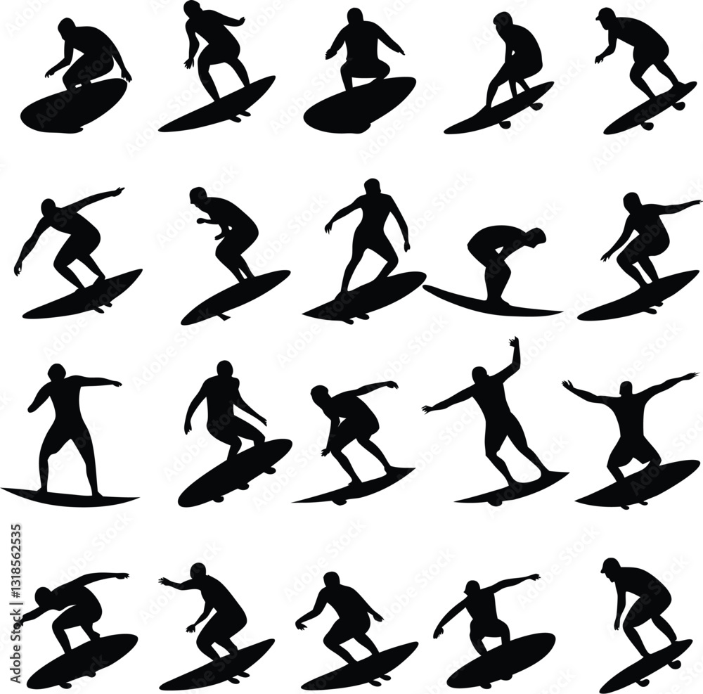 Detailed Black and White Illustration of Various Surfers in Dynamic Poses Detailed Black and White Illustration of Various Surfers in Dynamic Poses