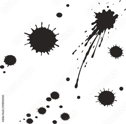 Detailed Black and White Illustration of Various Ink Splatters on a White Background