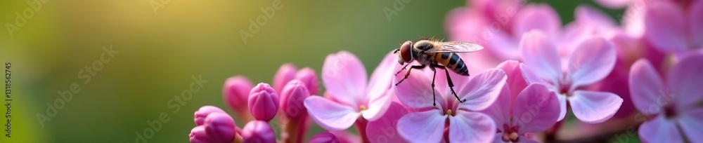 Delicate hoverfly alights on lilac flower petals, hoverfly, spring, entomology Delicate hoverfly alights on lilac flower petals, hoverfly, spring, entomology