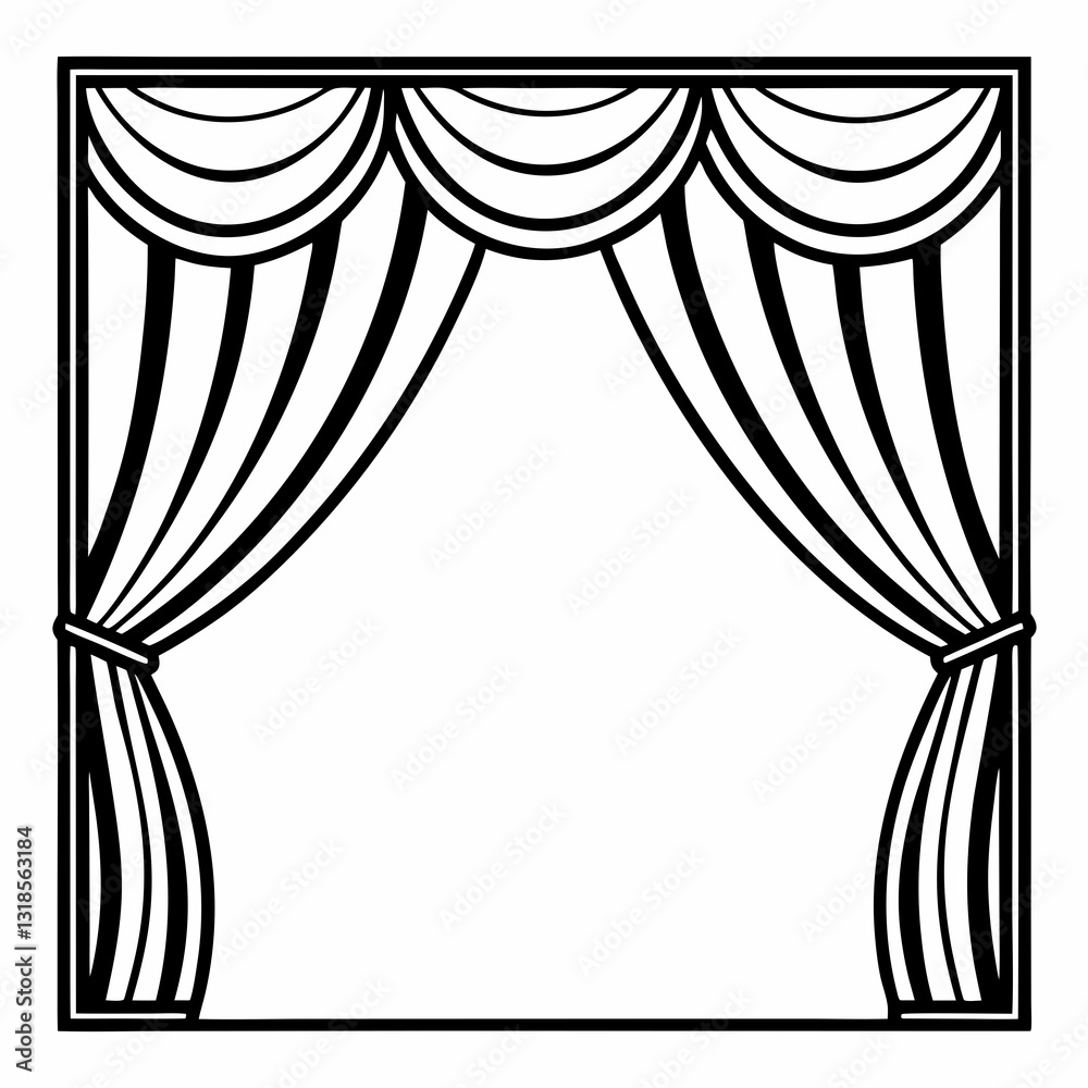 detailed black and white illustration of theater stage with draped curtains tied back

