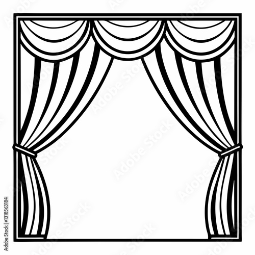 detailed black and white illustration of theater stage with draped curtains tied back

