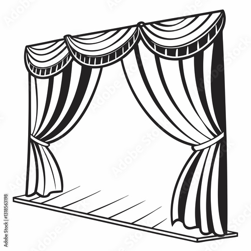 classic theater stage with three swag curtains tied back on both sides
