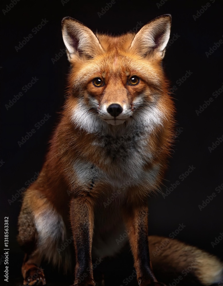 Fototapeta premium Fox with Vibrant Red Fur and Piercing Eyes in Studio Level Lighting Portrait