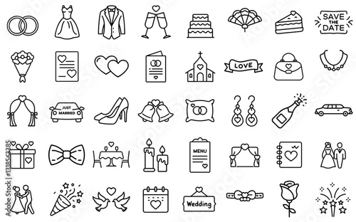 Collection of wedding icons including dresses, rings, cake, and decorations in simple line art style