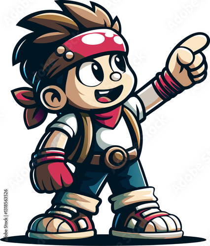 ragazzo stile cartoon con la bandana che indica il cielo