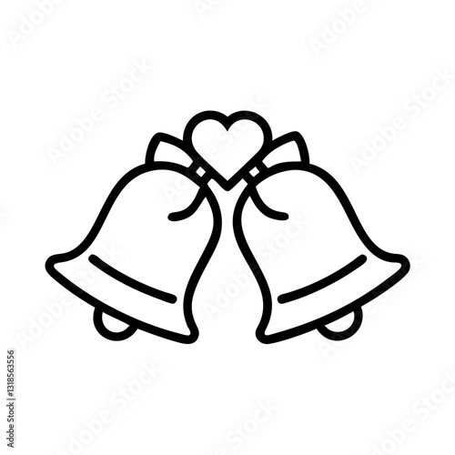 Wedding bells icon with a heart in line art style on a transparent background, wedding concept