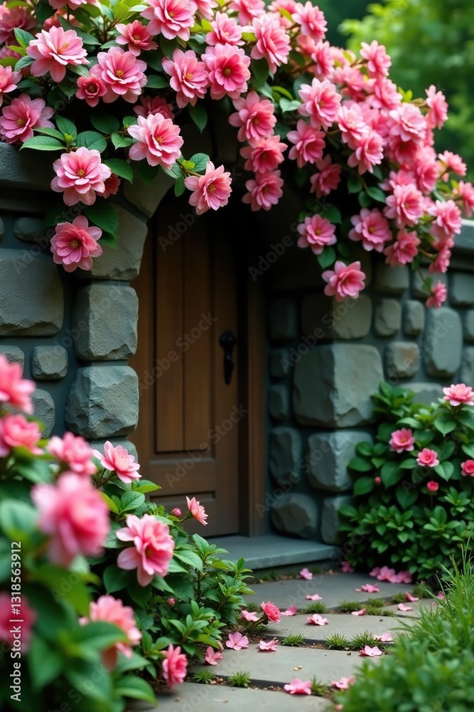 Jasmine flowers cascading down a stone wall in a garden, cascade, flowers Jasmine flowers cascading down a stone wall in a garden, cascade, flowers
