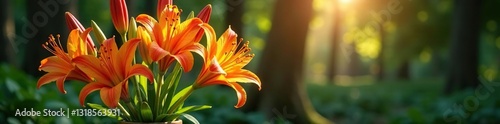 Kniphofia tritoma flowers in a vase filled with greenery, centerpiece, torch lily photo